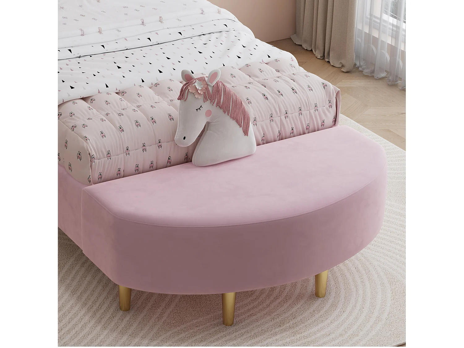 Lit enfant rembourré 90x200 cm - avec banc de bout de lit - avec sommier à lattes - Velours + contreplaqué - Rose (sans matelas)