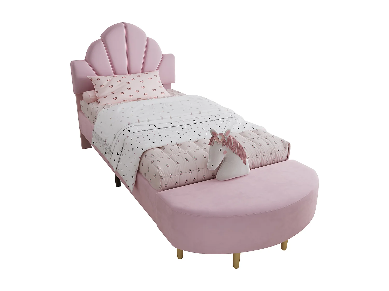 Lit enfant rembourré 90x200 cm - avec banc de bout de lit - avec sommier à lattes - Velours + contreplaqué - Rose (sans matelas)