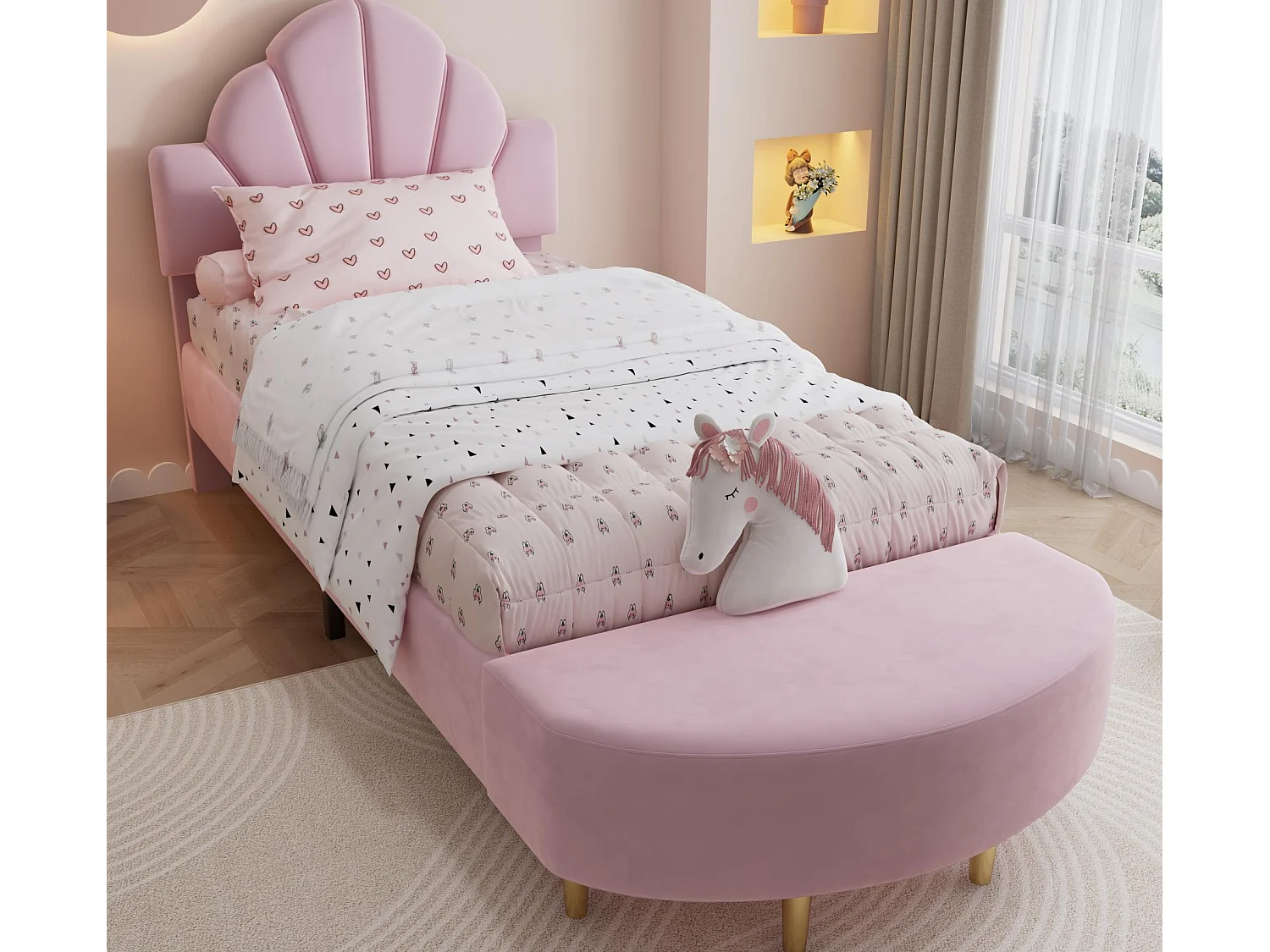 Lit enfant rembourré 90x200 cm - avec banc de bout de lit - avec sommier à lattes - Velours + contreplaqué - Rose (sans matelas)