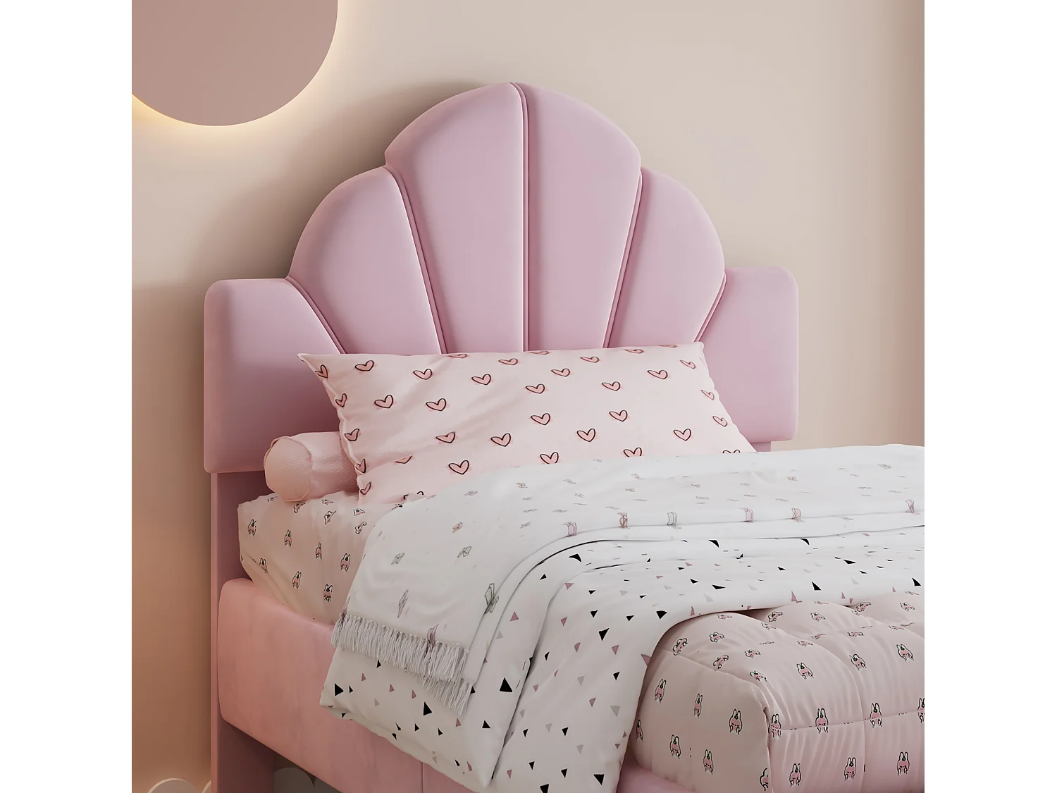 Lit enfant rembourré 90x200 cm - avec banc de bout de lit - avec sommier à lattes - Velours + contreplaqué - Rose (sans matelas)