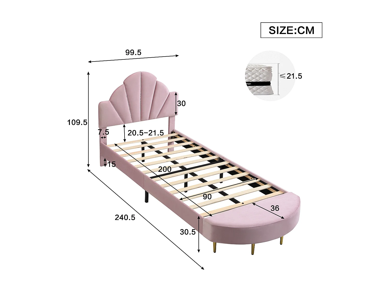 Lit enfant rembourré 90x200 cm - avec banc de bout de lit - avec sommier à lattes - Velours + contreplaqué - Rose (sans matelas)