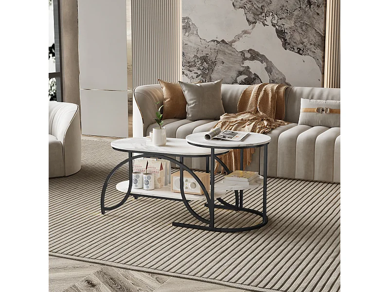 Lot de 2 Tables Basses gigognes, Table Basse Ronde en marbre, Tables d'appoint Ronde, Noirs + Blanc