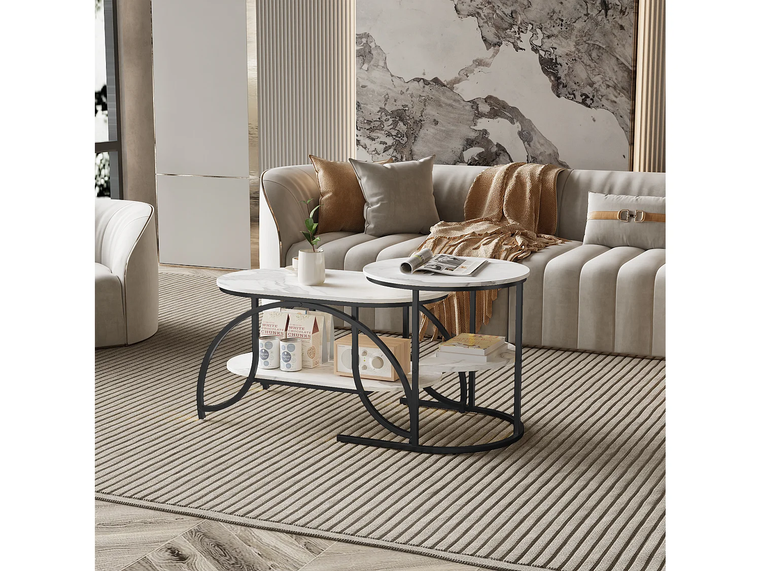 Lot de 2 Tables Basses gigognes, Table Basse Ronde en marbre, Tables d'appoint Ronde, Noirs + Blanc