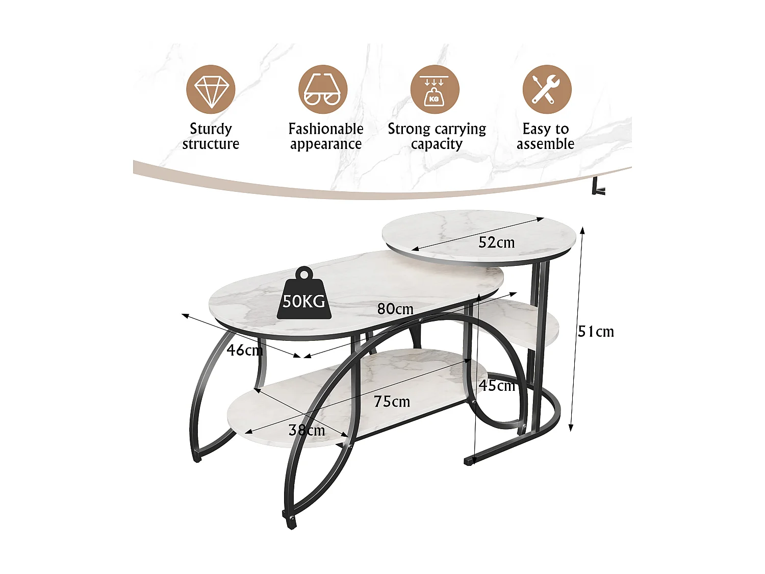 Lot de 2 Tables Basses gigognes, Table Basse Ronde en marbre, Tables d'appoint Ronde, Noirs + Blanc