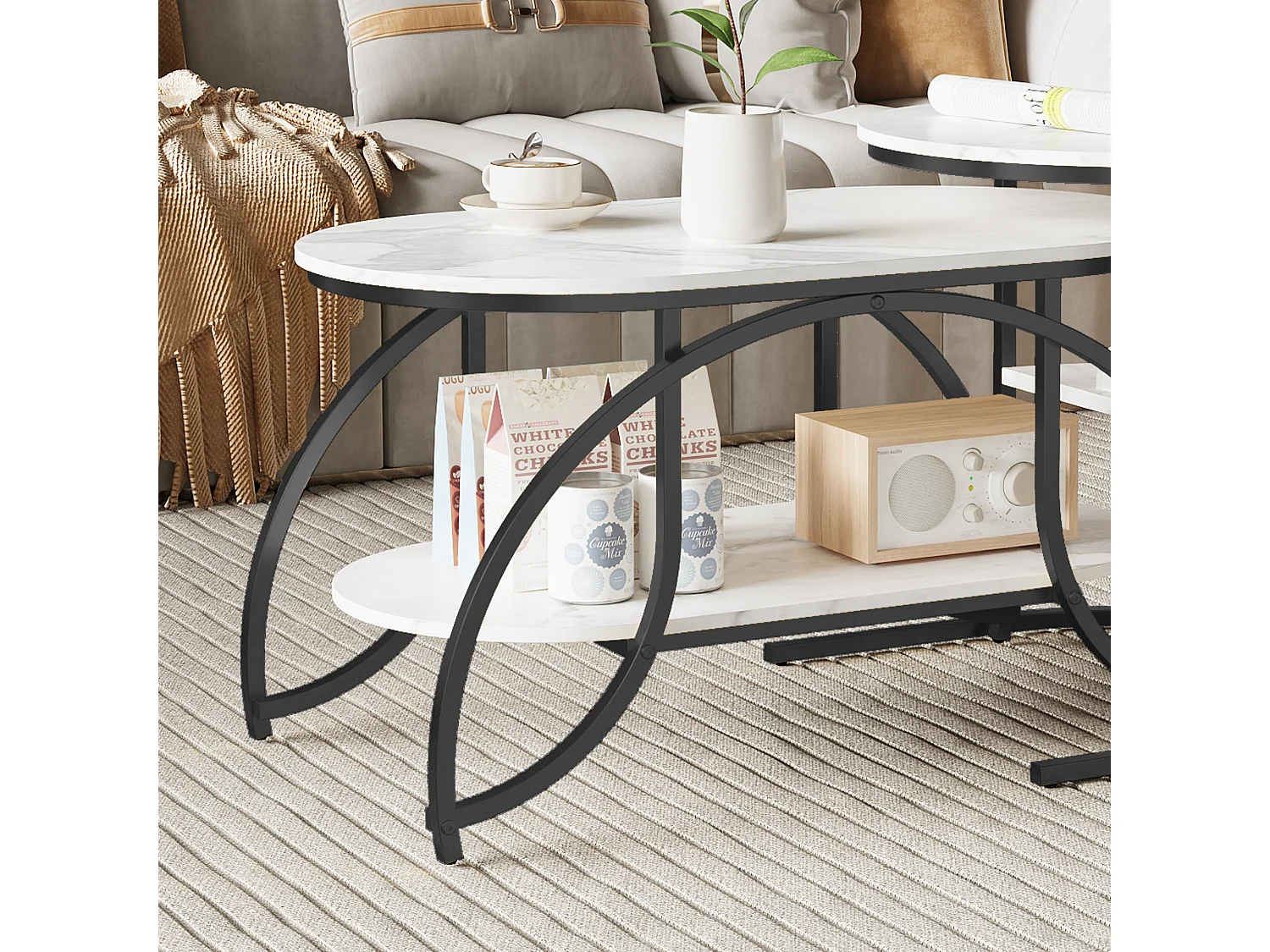 Lot de 2 Tables Basses gigognes, Table Basse Ronde en marbre, Tables d'appoint Ronde, Noirs + Blanc