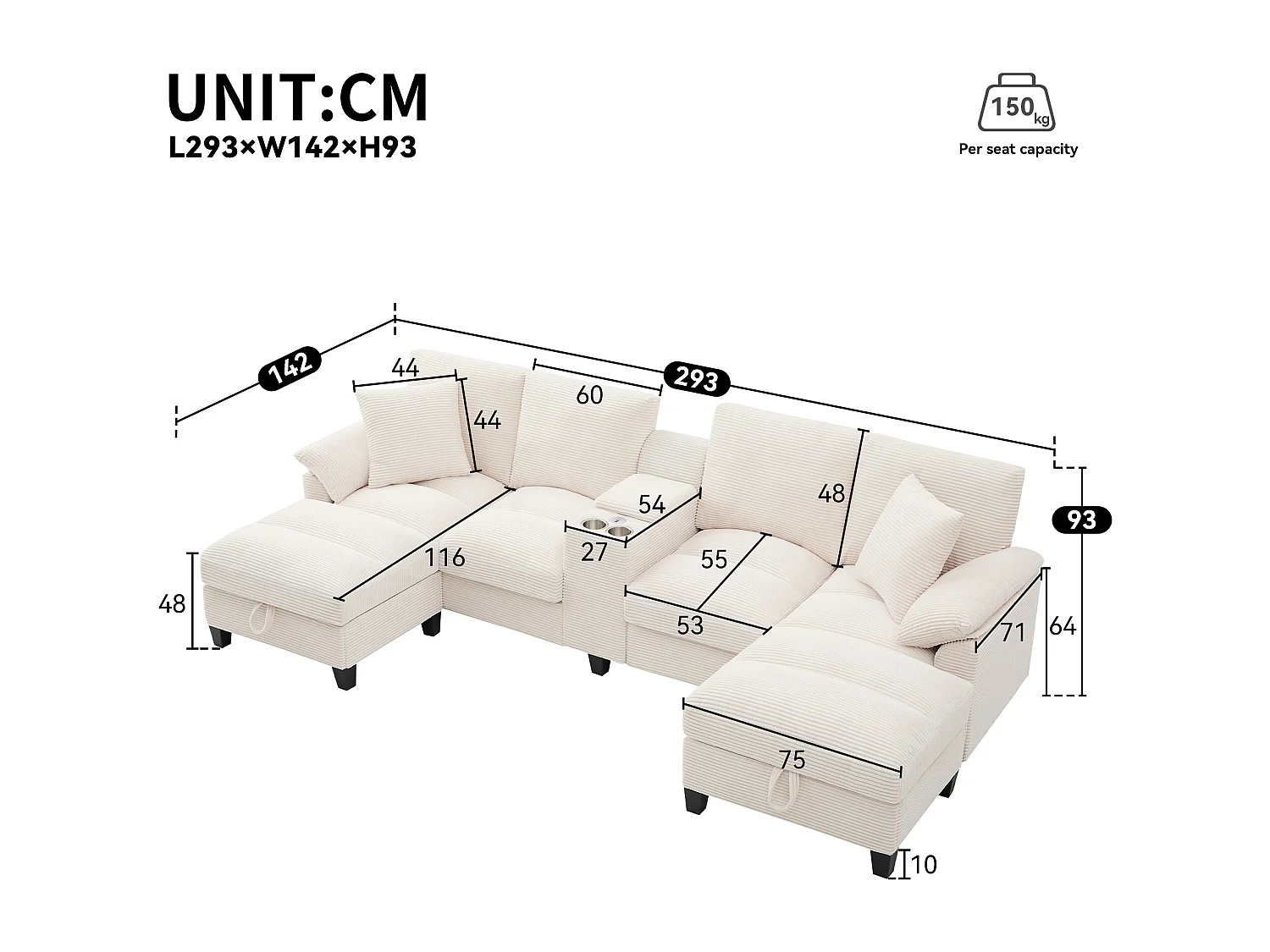 Sofá de esquina 4 plazas en forma de U - con espacio de almacenamiento - portavasos incluido - 2 puertos USB - beige