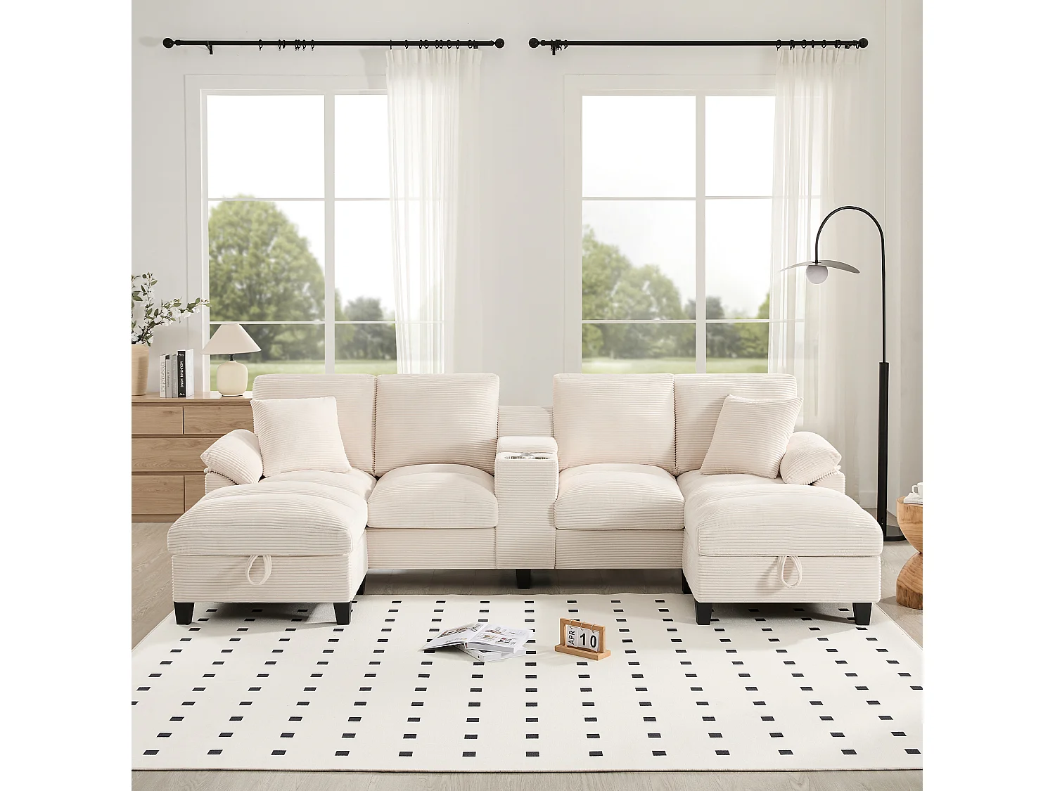 Canapé d'angle 4 places en forme de U - avec espace de rangement - porte-gobelet inclus - 2 ports USB - beige