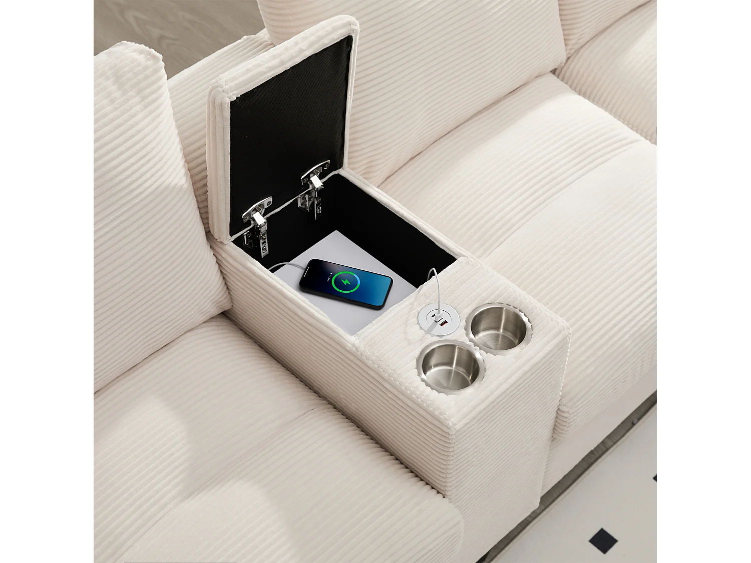 Canapé d'angle 4 places en forme de U - avec espace de rangement - porte-gobelet inclus - 2 ports USB - beige