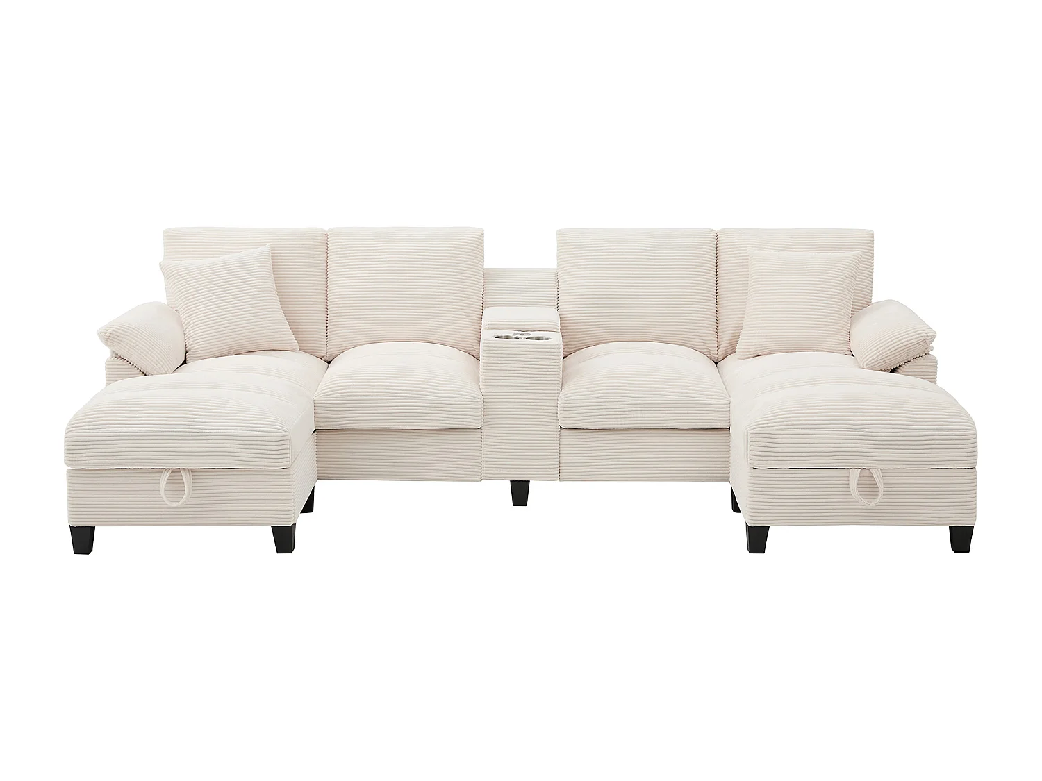 Canapé d'angle 4 places en forme de U - avec espace de rangement - porte-gobelet inclus - 2 ports USB - beige