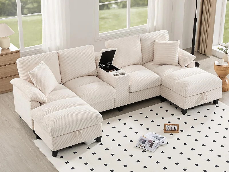 Canapé d'angle 4 places en forme de U - avec espace de rangement - porte-gobelet inclus - 2 ports USB - beige