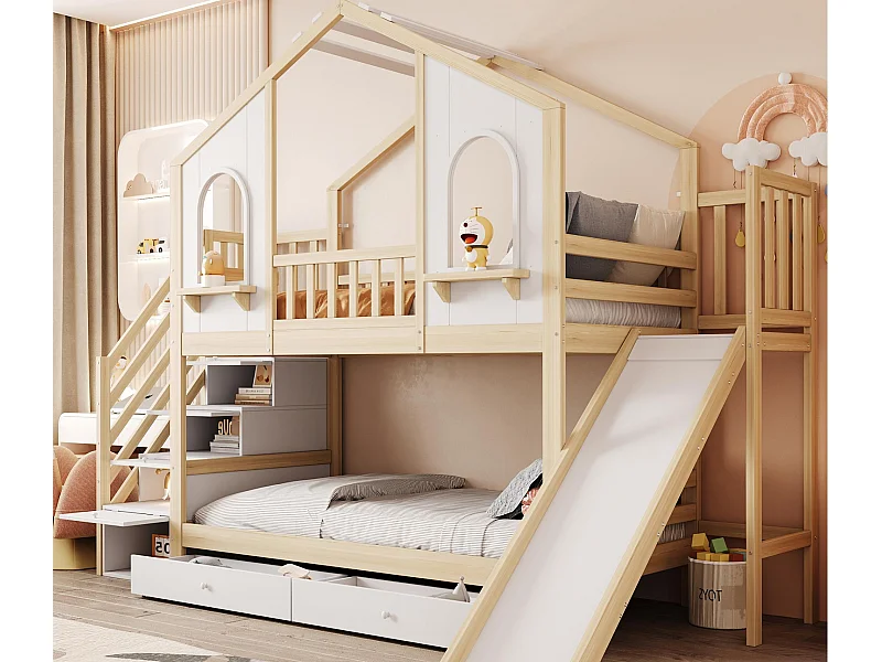 Lit superposé enfant 90x200 cm - Design maison - avec échelle de rangement + toboggan - avec 2 tiroirs - Naturel (Matelas non inclus)