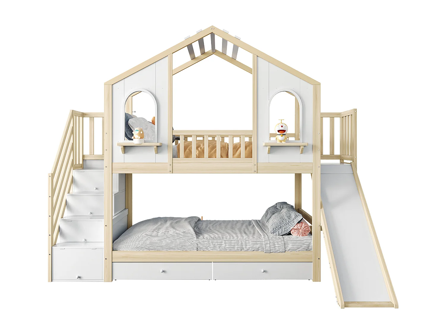 Lit superposé enfant 90x200 cm - Design maison - avec échelle de rangement + toboggan - avec 2 tiroirs - Naturel (Matelas non inclus)