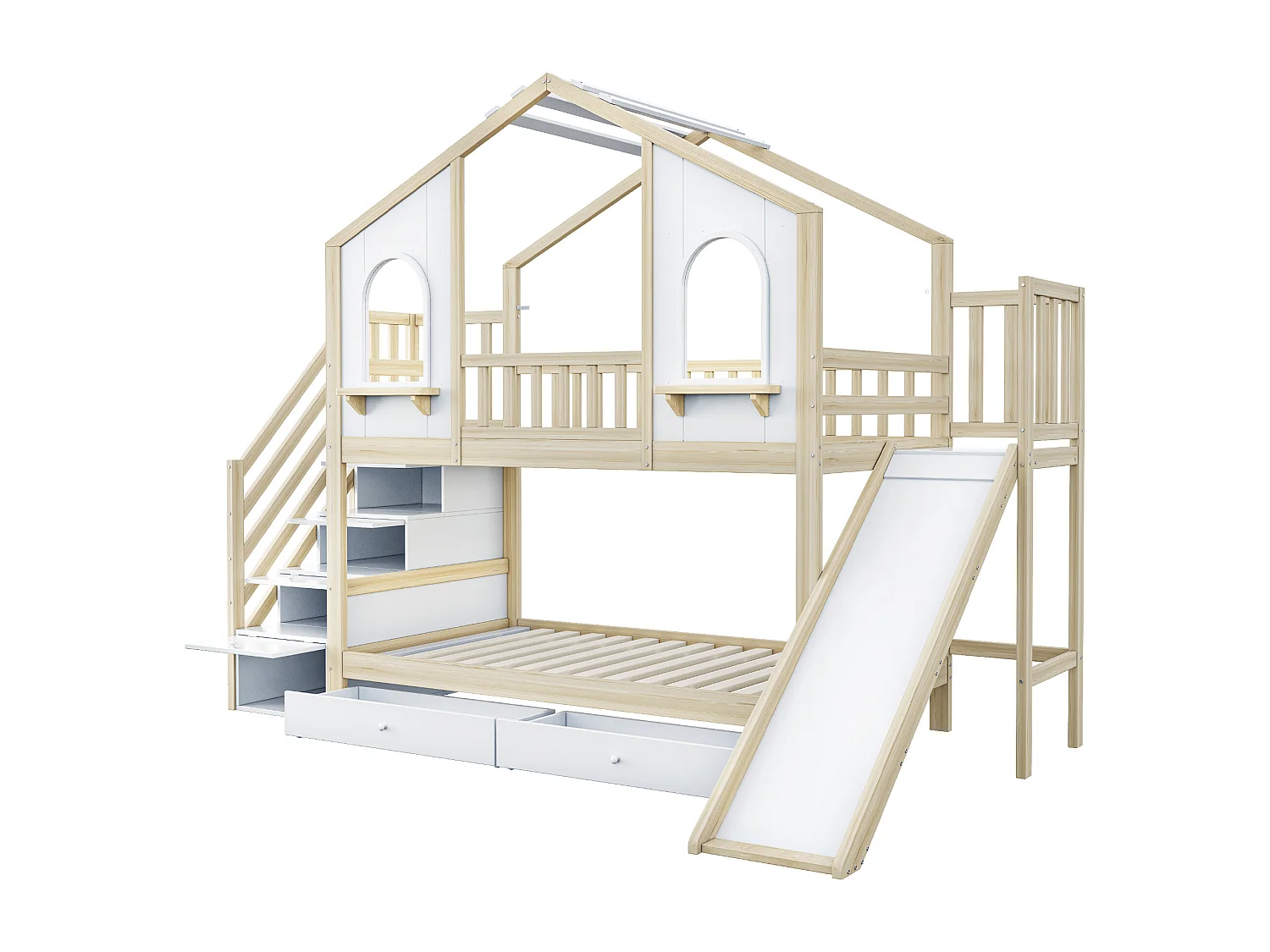 Lit superposé enfant 90x200 cm - Design maison - avec échelle de rangement + toboggan - avec 2 tiroirs - Naturel (Matelas non inclus)