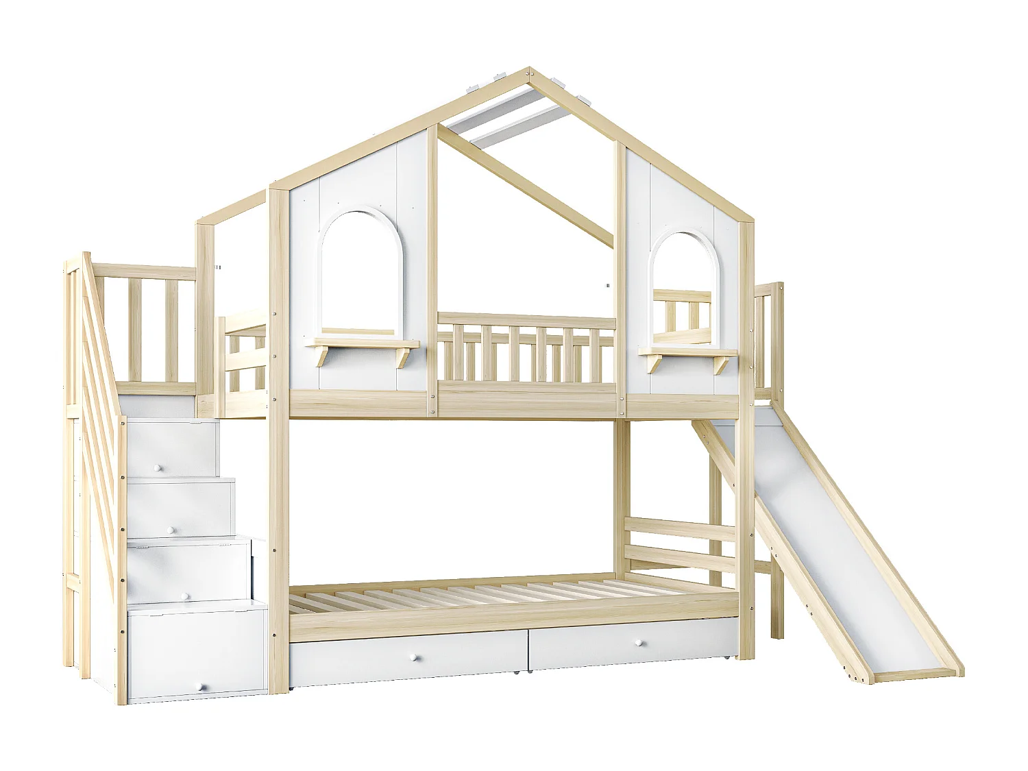 Lit superposé enfant 90x200 cm - Design maison - avec échelle de rangement + toboggan - avec 2 tiroirs - Naturel (Matelas non inclus)