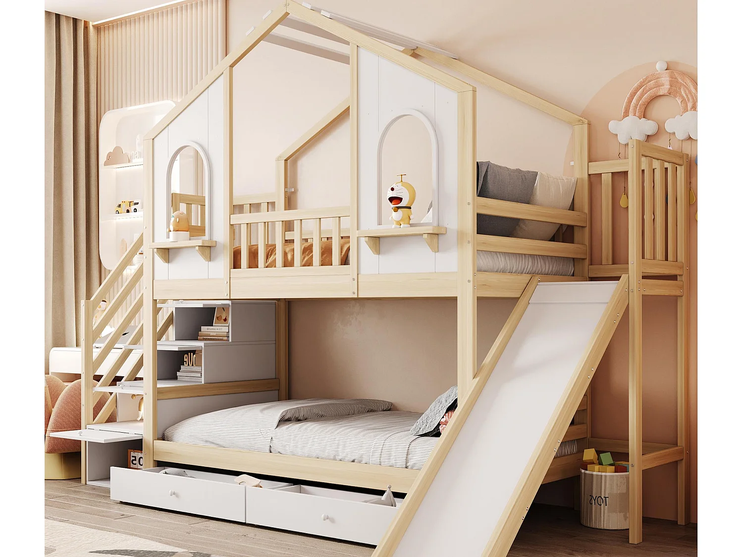 Lit superposé enfant 90x200 cm - Design maison - avec échelle de rangement + toboggan - avec 2 tiroirs - Naturel (Matelas non inclus)