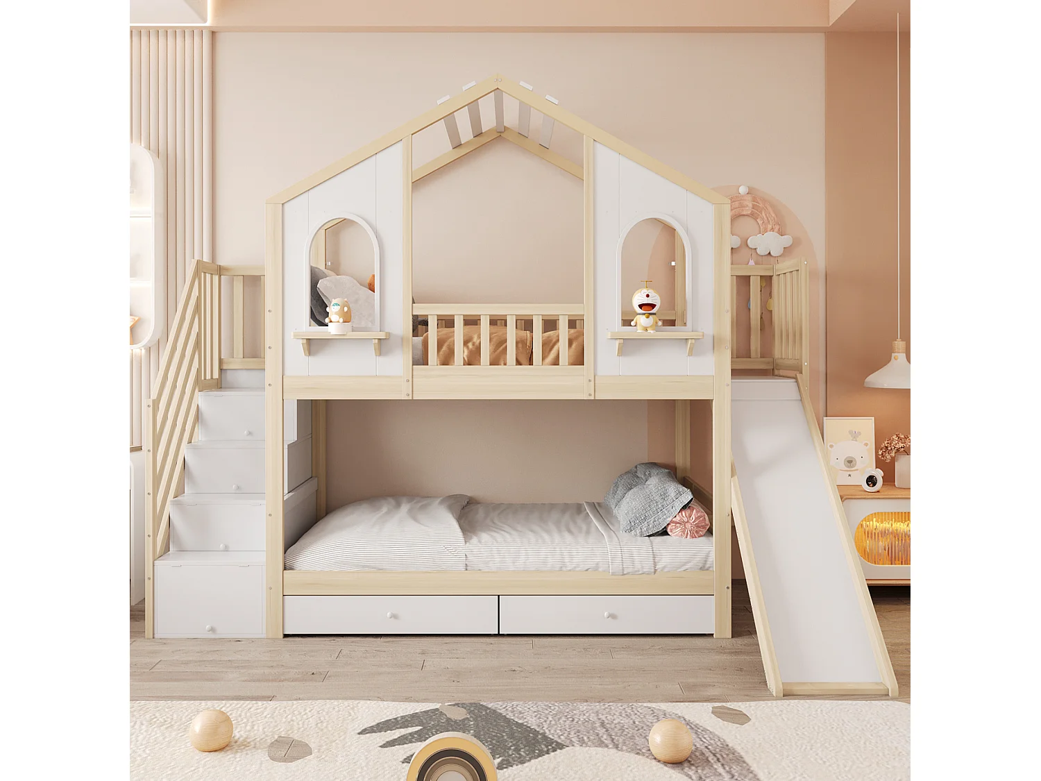 Lit superposé enfant 90x200 cm - Design maison - avec échelle de rangement + toboggan - avec 2 tiroirs - Naturel (Matelas non inclus)