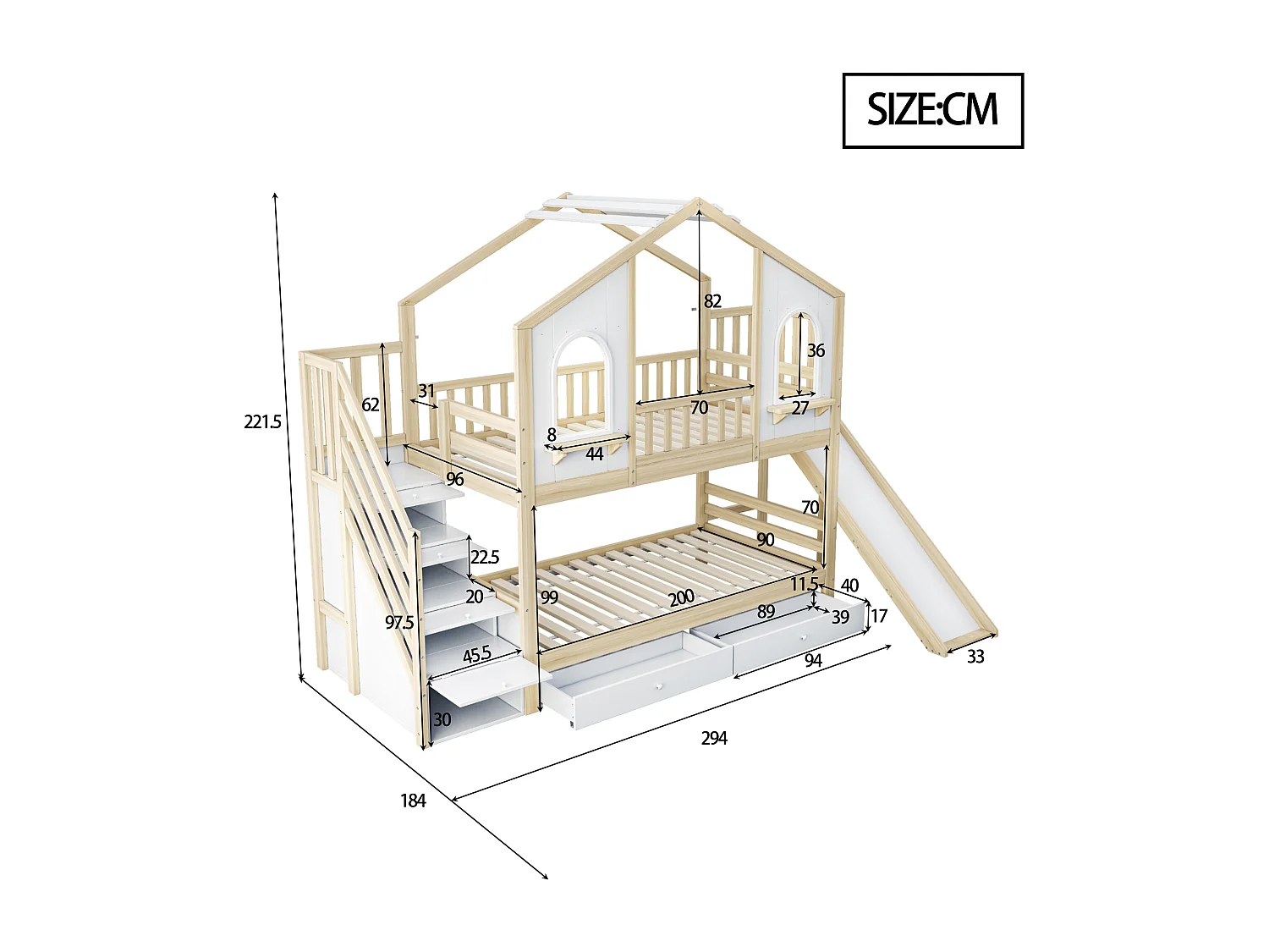 Lit superposé enfant 90x200 cm - Design maison - avec échelle de rangement + toboggan - avec 2 tiroirs - Naturel (Matelas non inclus)