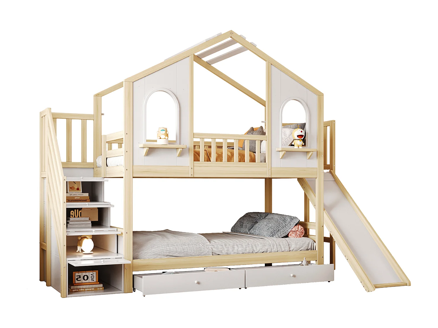 Lit superposé enfant 90x200 cm - Design maison - avec échelle de rangement + toboggan - avec 2 tiroirs - Naturel (Matelas non inclus)