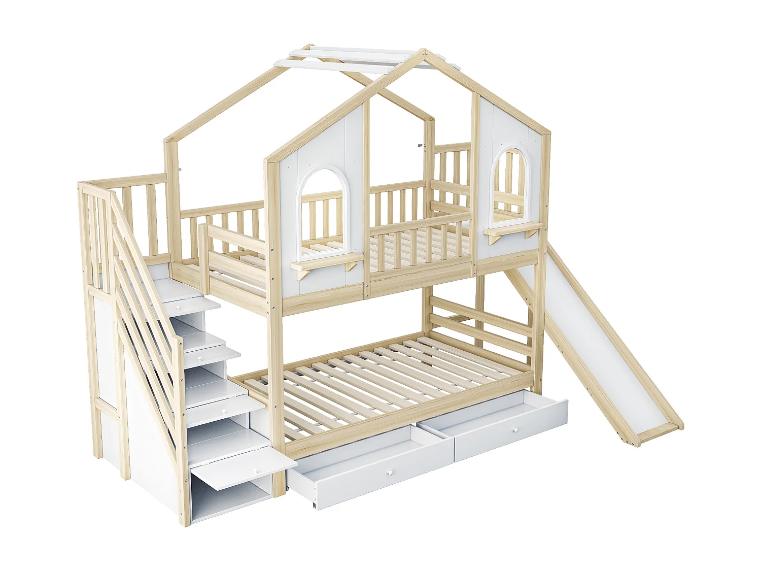 Lit superposé enfant 90x200 cm - Design maison - avec échelle de rangement + toboggan - avec 2 tiroirs - Naturel (Matelas non inclus)