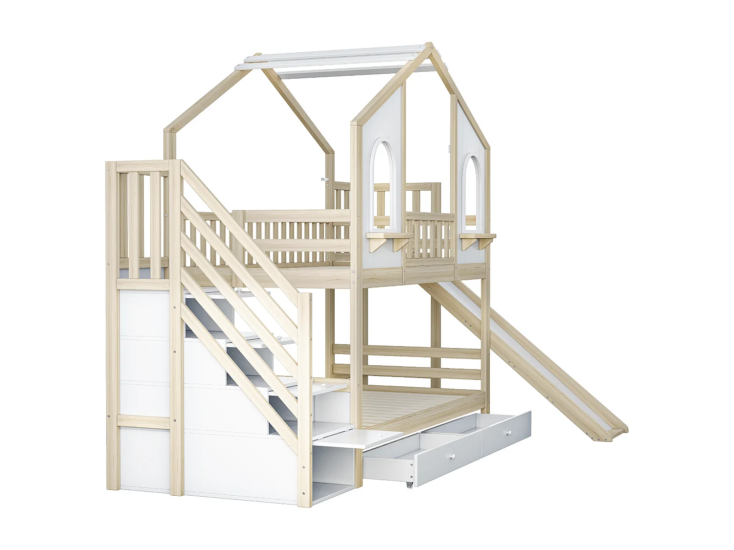Lit superposé enfant 90x200 cm - Design maison - avec échelle de rangement + toboggan - avec 2 tiroirs - Naturel (Matelas non inclus)