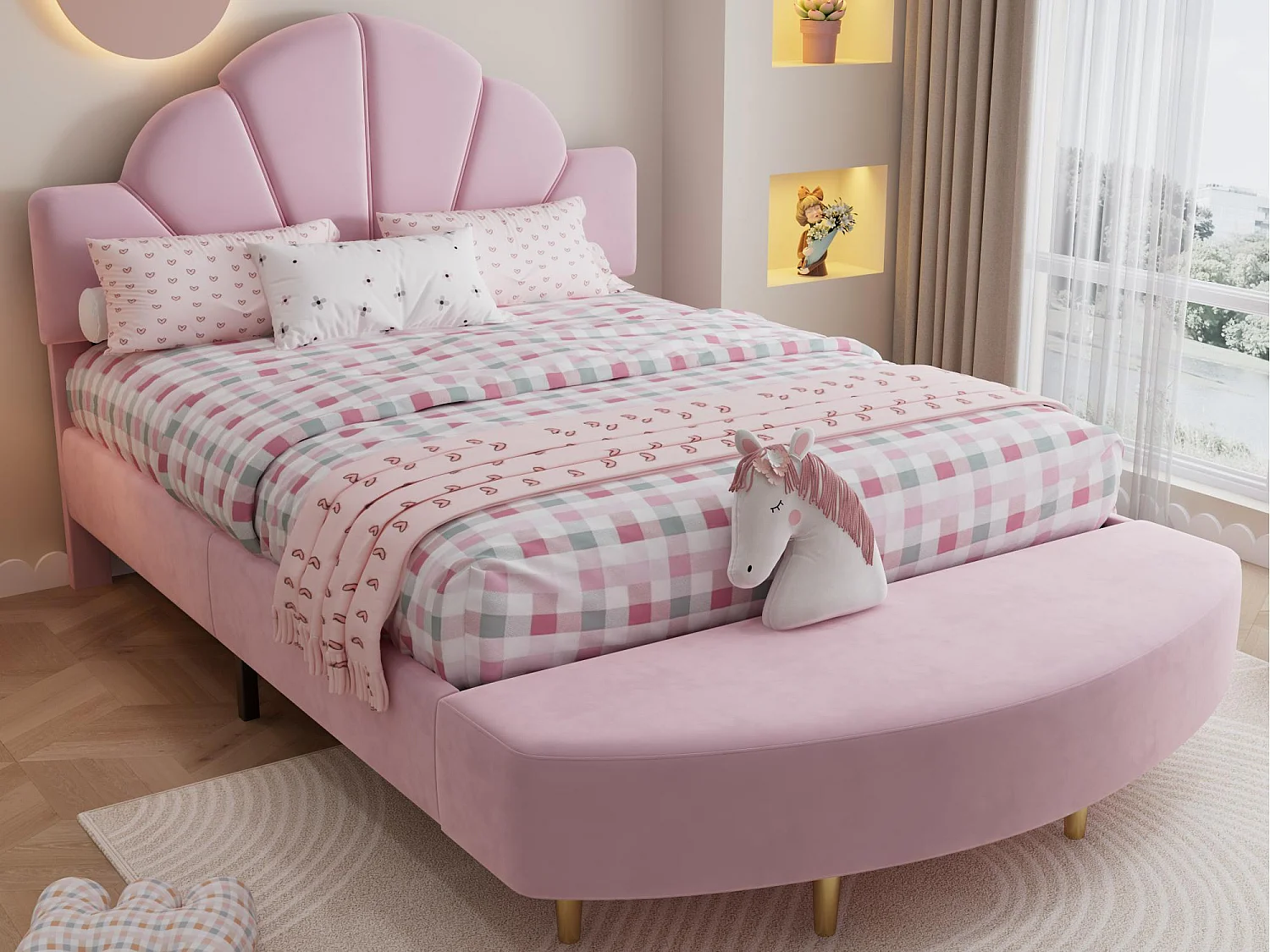 Lit enfant rembourré 140x200 cm - avec banc de bout de lit - avec sommier à lattes - Velours + contreplaqué - Rose (sans matelas)