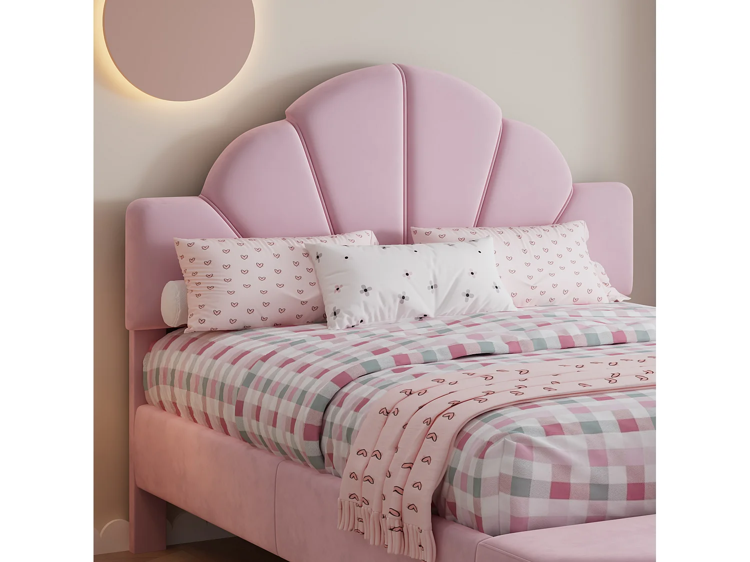 Lit enfant rembourré 140x200 cm - avec banc de bout de lit - avec sommier à lattes - Velours + contreplaqué - Rose (sans matelas)