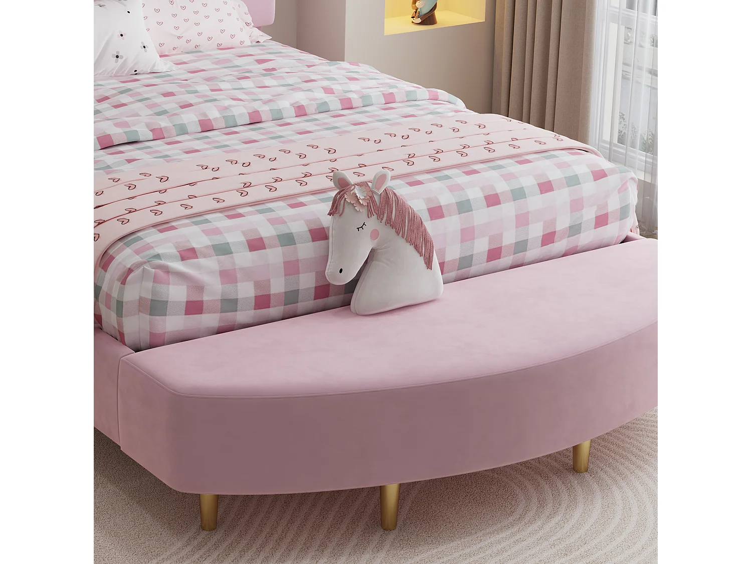 Lit enfant rembourré 140x200 cm - avec banc de bout de lit - avec sommier à lattes - Velours + contreplaqué - Rose (sans matelas)