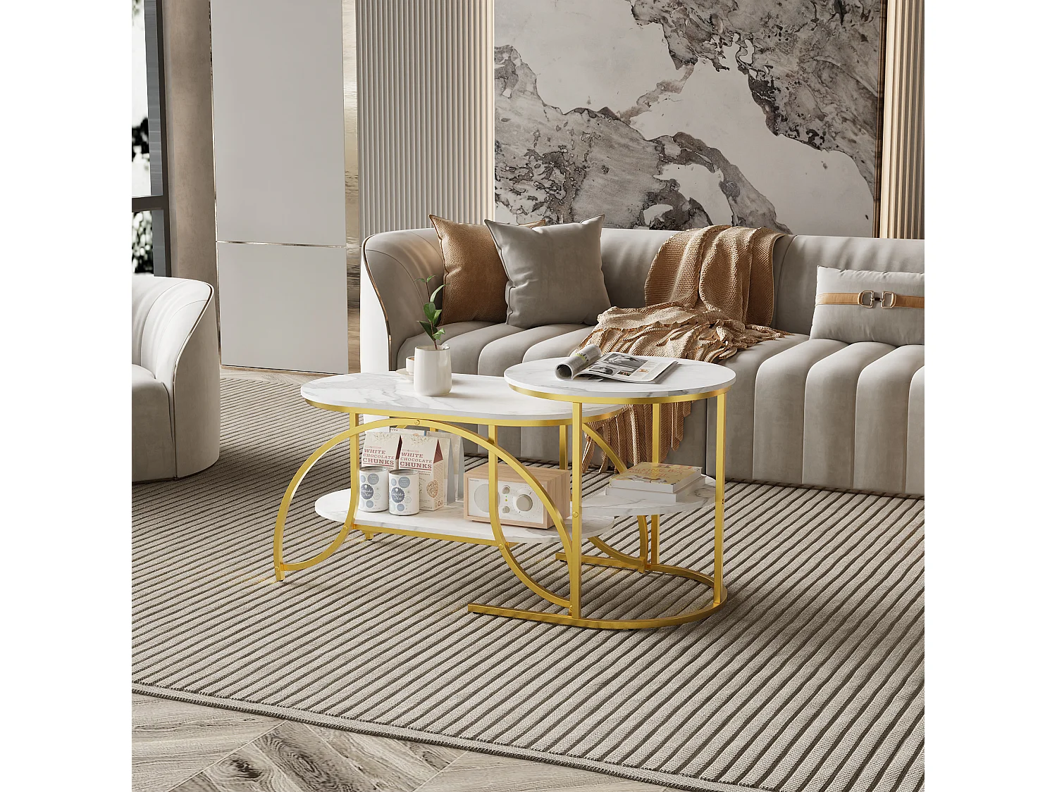 Set van 2 in elkaar passende salontafels, ronde marmeren salontafel, ronde bijzettafels, goud + wit