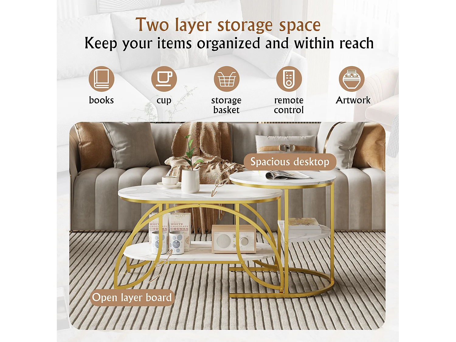 Set van 2 in elkaar passende salontafels, ronde marmeren salontafel, ronde bijzettafels, goud + wit