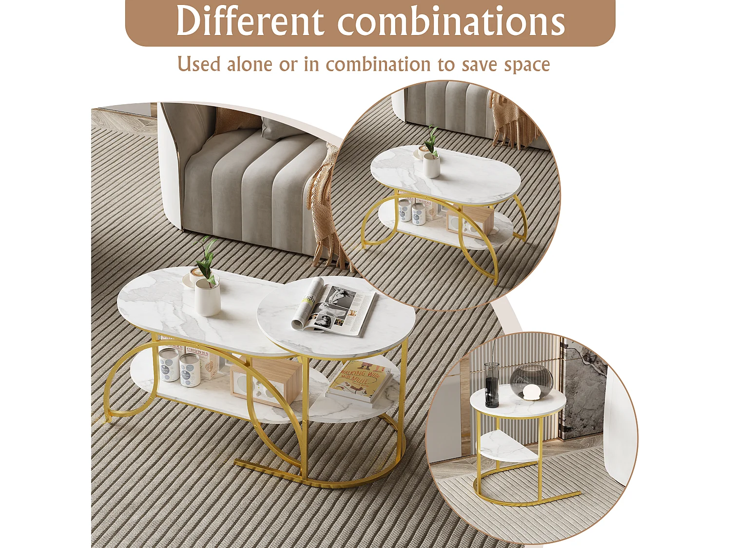 Set van 2 in elkaar passende salontafels, ronde marmeren salontafel, ronde bijzettafels, goud + wit