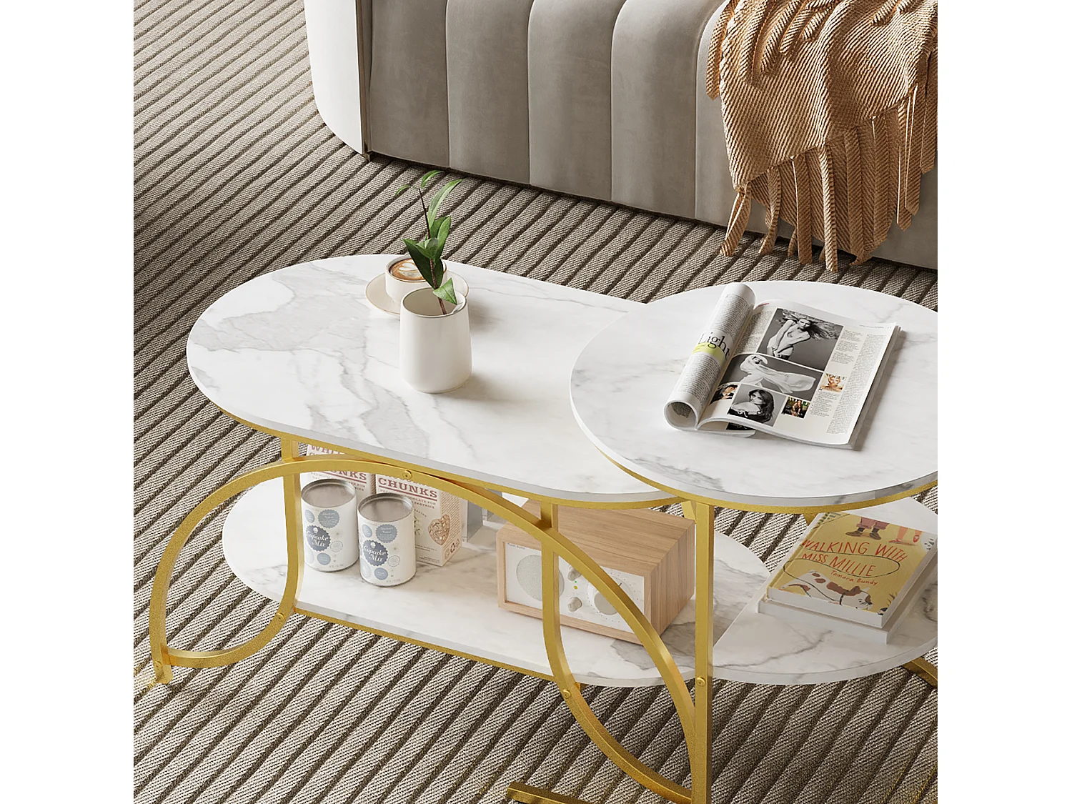 Set van 2 in elkaar passende salontafels, ronde marmeren salontafel, ronde bijzettafels, goud + wit