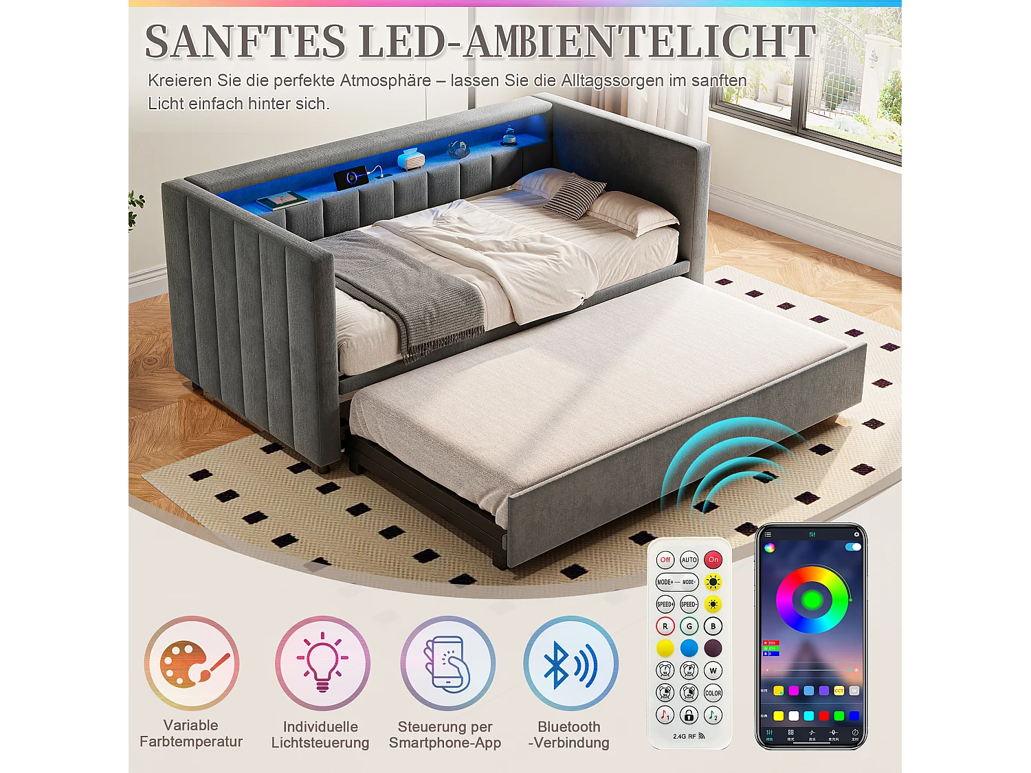 Wielofunkcyjna sofa rozkładana 90x190 cm z wysuwanym łóżkiem, portem USB typu C, oświetleniem LED, tapicerką welurową, schowkiem,szara