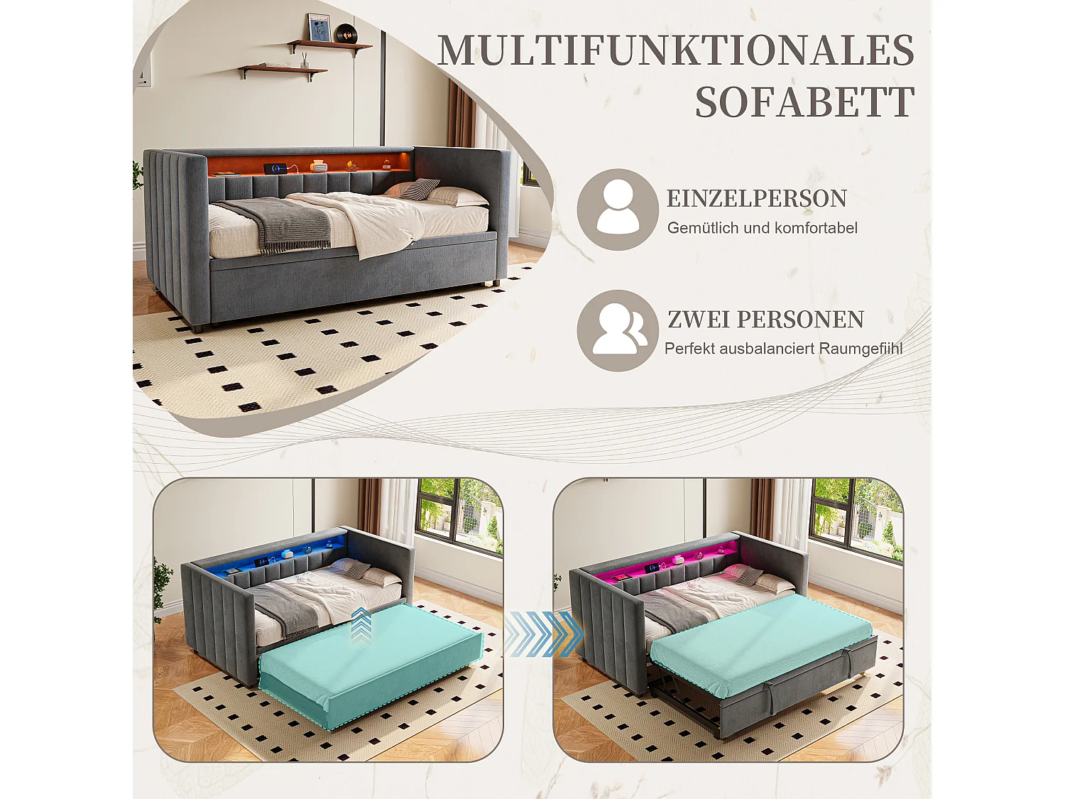 Canapé-lit multifonction 90x190 cm avec lit escamotable, port USB Type-C, LED, velours, rangement, design élégant, pour salon ou chambre ado, gris