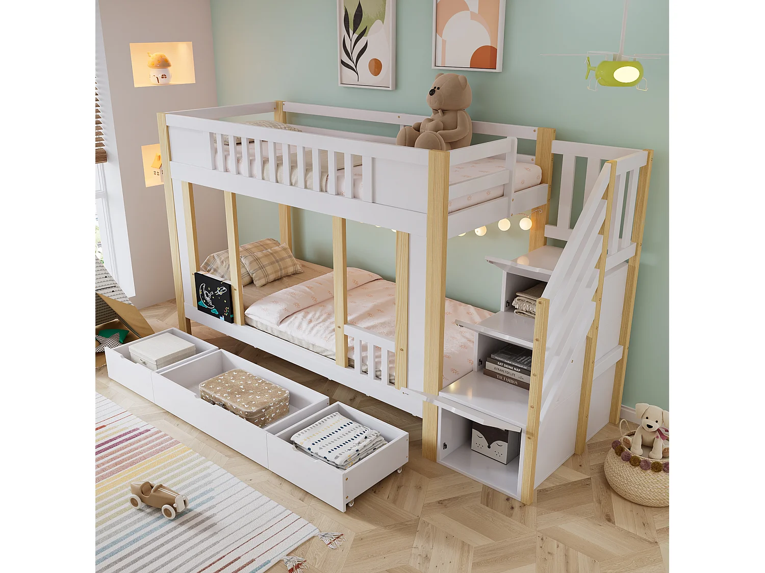 Lit superposé 90x200 cm pour enfant, rangement sous l’escalier, 3 tiroirs sur roulettes, table de dessin, pin + MDF + PB, blanc et naturel