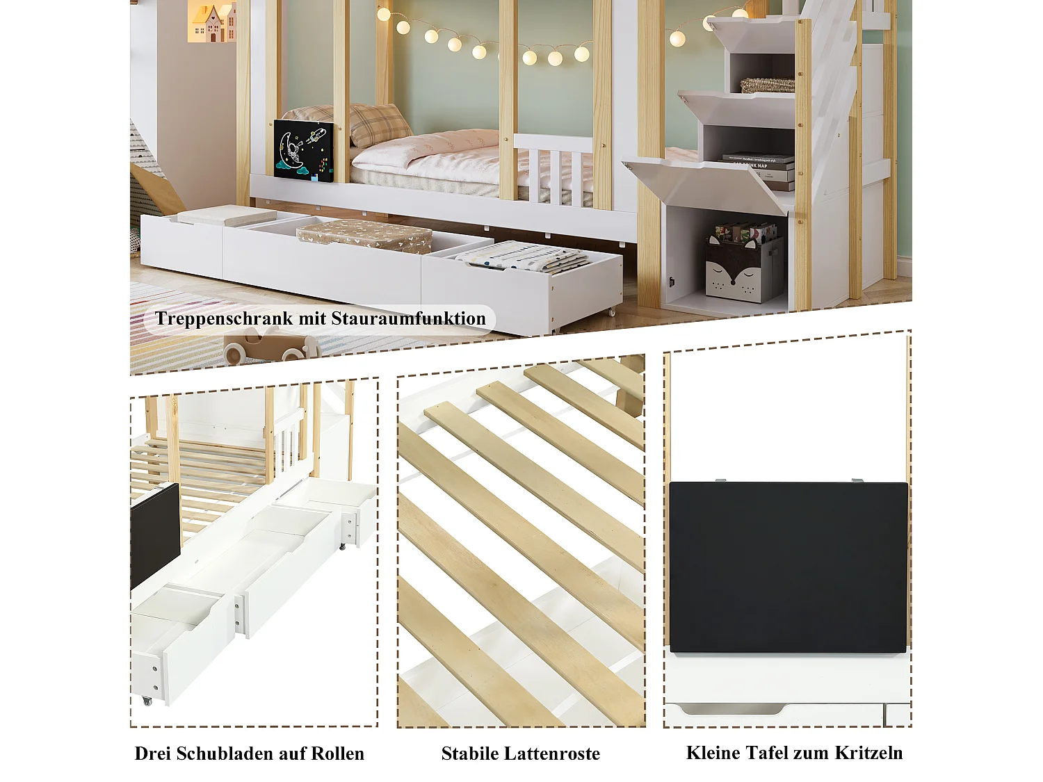 Lit superposé 90x200 cm pour enfant, rangement sous l’escalier, 3 tiroirs sur roulettes, table de dessin, pin + MDF + PB, blanc et naturel
