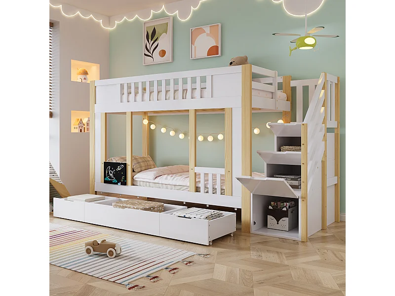 Kinderetagenbett (90 x 200 cm), Stauraum unter der Treppe, 3 Schubladen auf Rollen, Zeichentisch, Kiefer + MDF + Spanplatte, weiß und natur