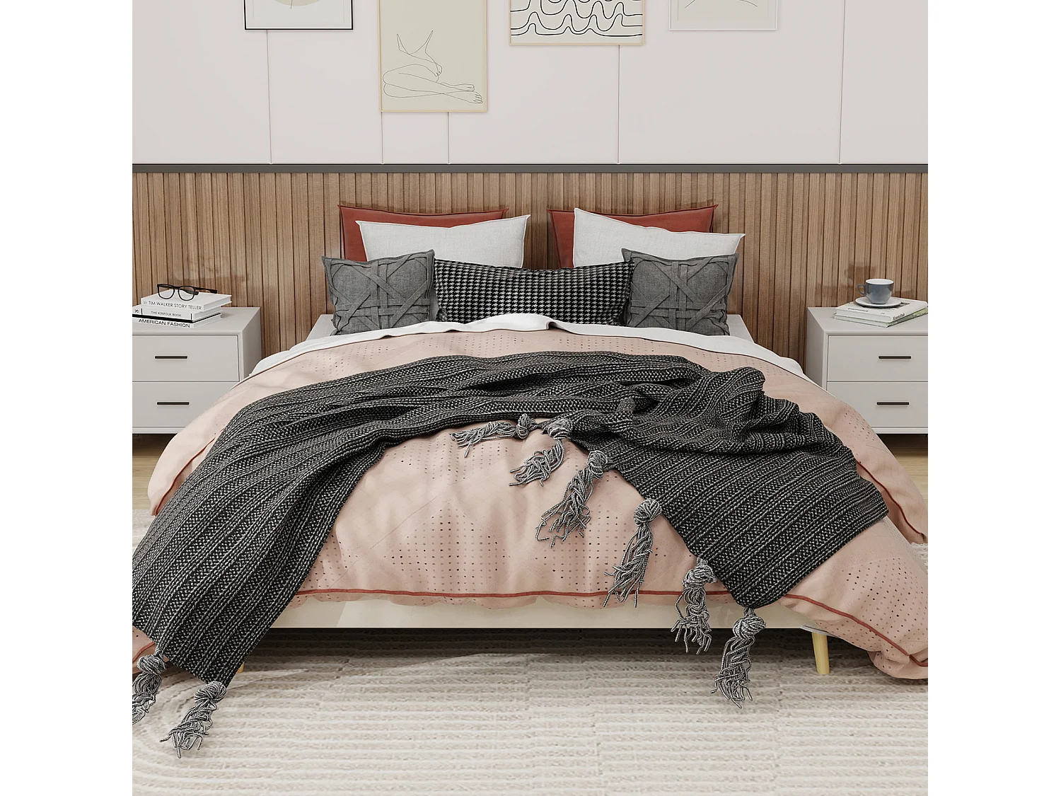 Struttura letto minimalista 160x200 cm, velluto beige, base bassa, arredamento moderno, senza meccanismo di sollevamento a gas, testiera e materasso