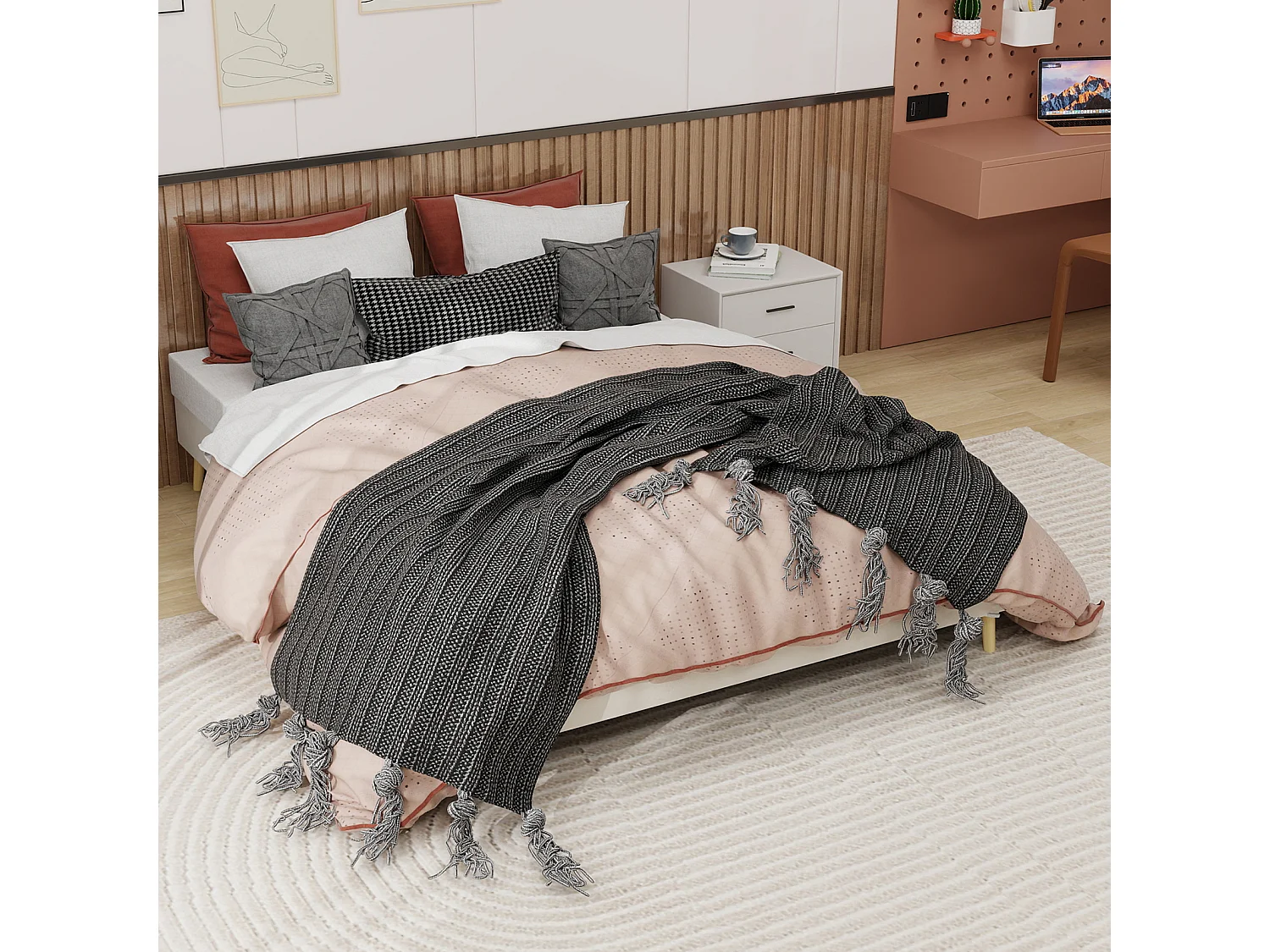 Struttura letto minimalista 160x200 cm, velluto beige, base bassa, arredamento moderno, senza meccanismo di sollevamento a gas, testiera e materasso