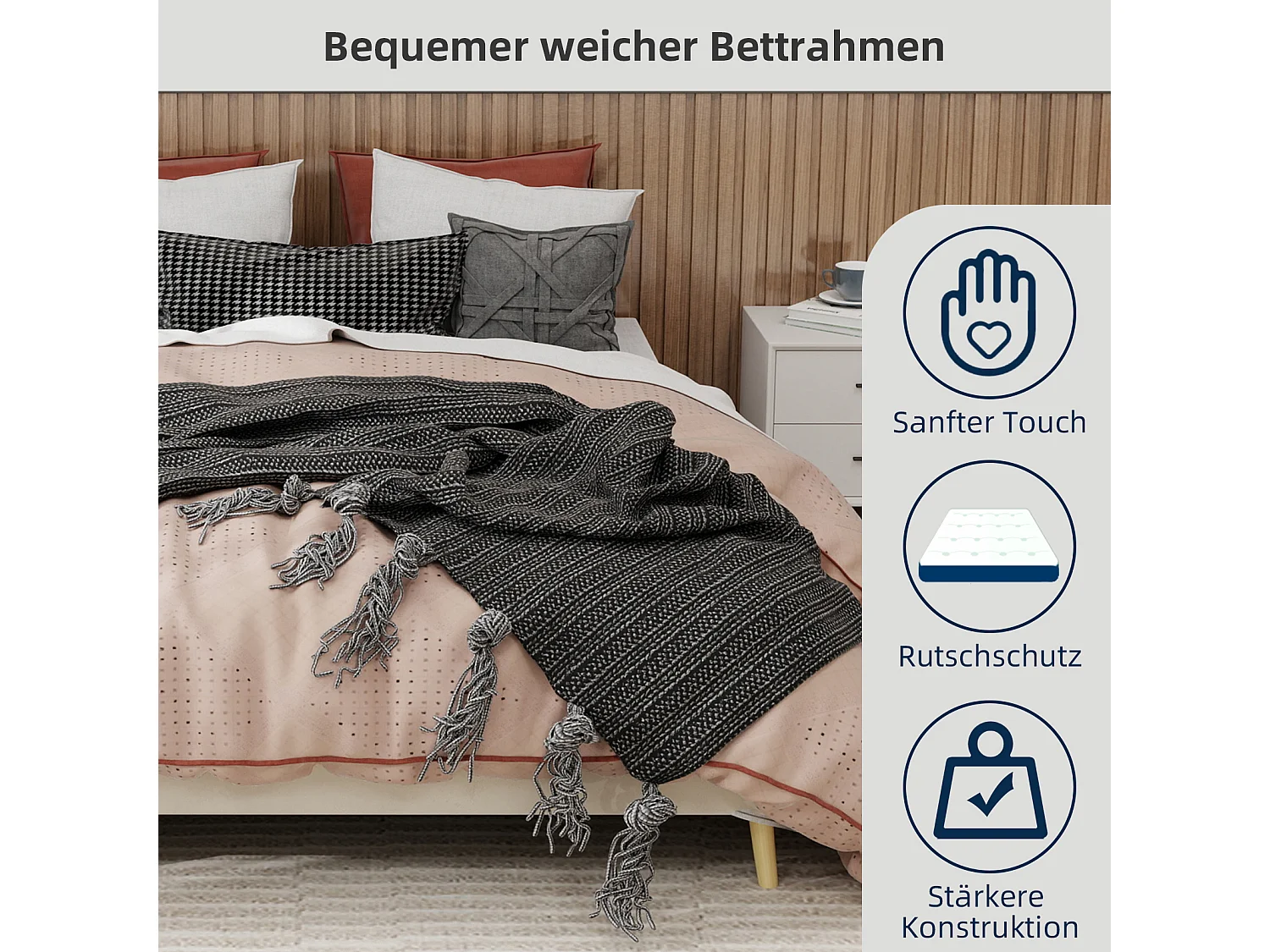 Struttura letto minimalista 160x200 cm, velluto beige, base bassa, arredamento moderno, senza meccanismo di sollevamento a gas, testiera e materasso