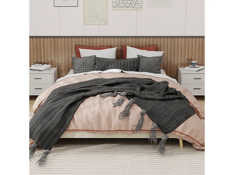 Struttura letto minimalista 160x200 cm, velluto beige, base bassa, arredamento moderno, senza meccanismo di sollevamento a gas, testiera e materasso