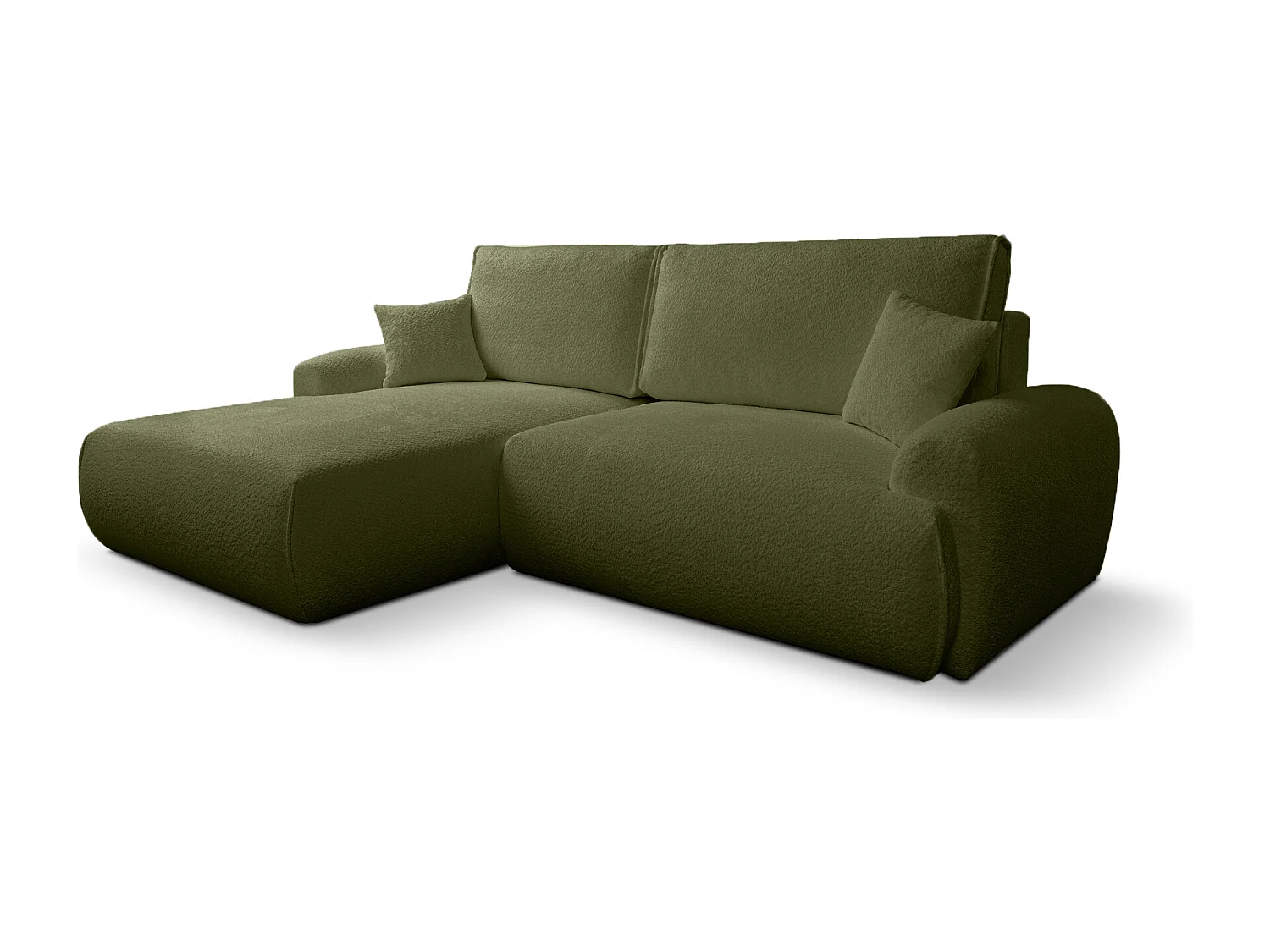 Canapé d’angle gauche Noboo avec fonction de couchage et coffre en bouclé  vert foncé – direct fabricant, livraison et installation offertes !