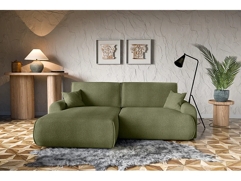 Divano angolare sinistro Noboo con funzione letto e vano contenitore in bouclé verde scuro – direttamente dal produttore, consegna e installazione gratuite!