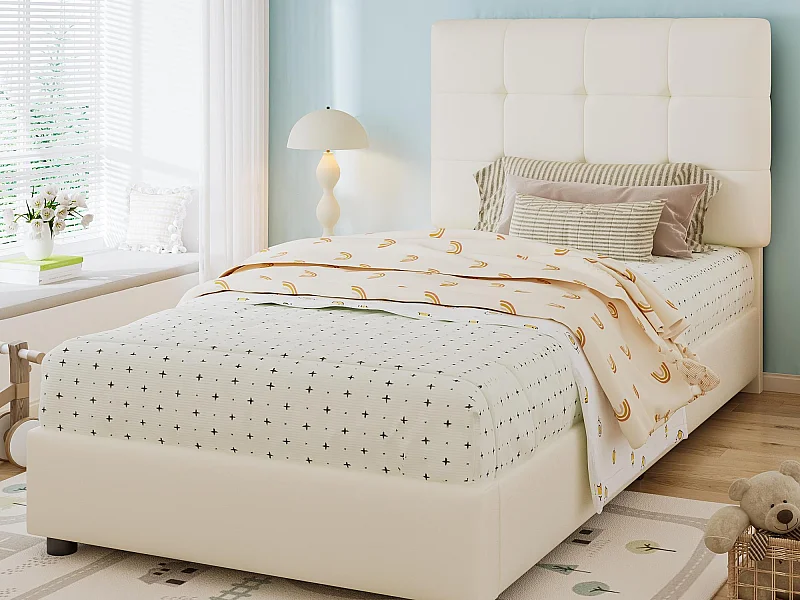 Lit enfant rembourré 90x200 cm - tête de lit en forme de biscuit - avec sommier à lattes - PU + contreplaqué - Beige (sans matelas)