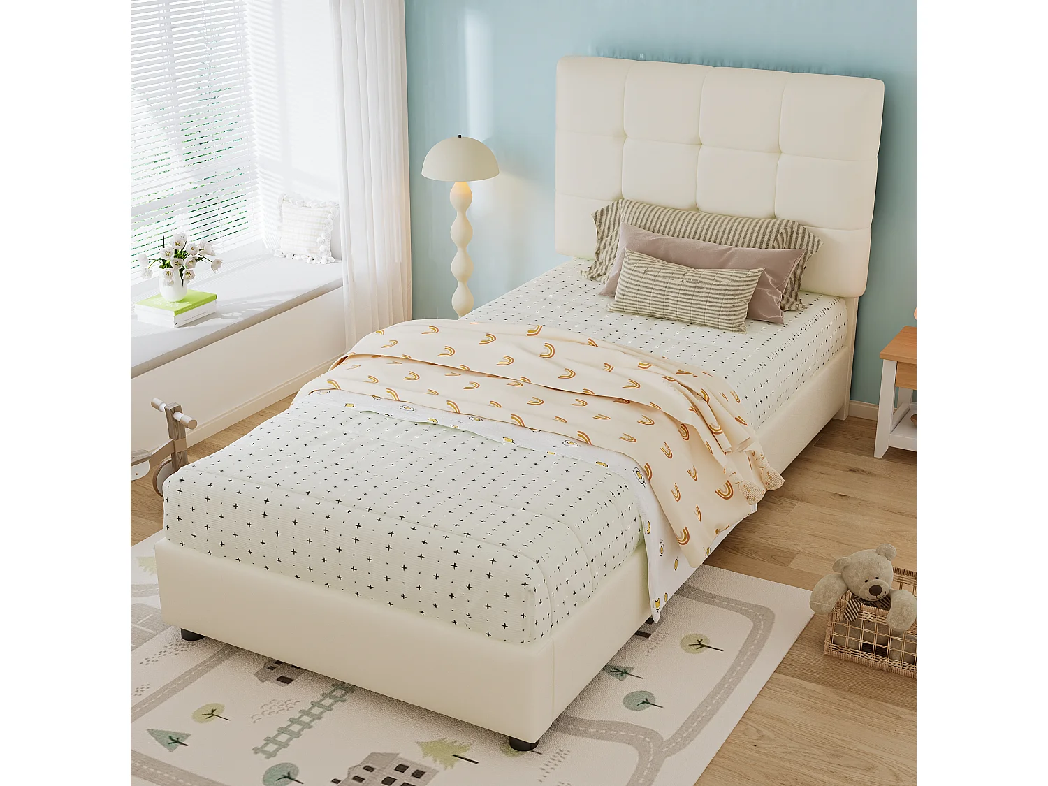 Lit enfant rembourré 90x200 cm - tête de lit en forme de biscuit - avec sommier à lattes - PU + contreplaqué - Beige (sans matelas)