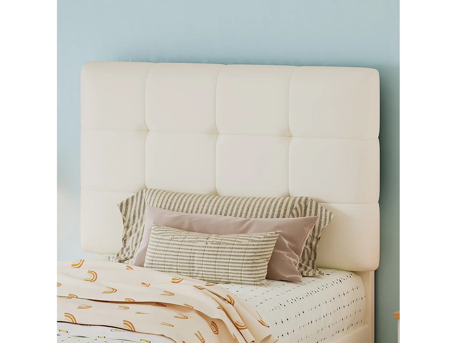 Lit enfant rembourré 90x200 cm - tête de lit en forme de biscuit - avec sommier à lattes - PU + contreplaqué - Beige (sans matelas)