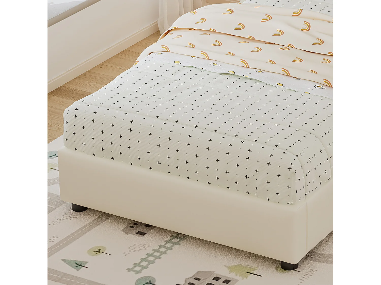 Gepolstertes Kinderbett 90x200 cm - Keksförmiges Kopfteil - mit Lattenrost - PU + Sperrholz - Beige (ohne Matratze)