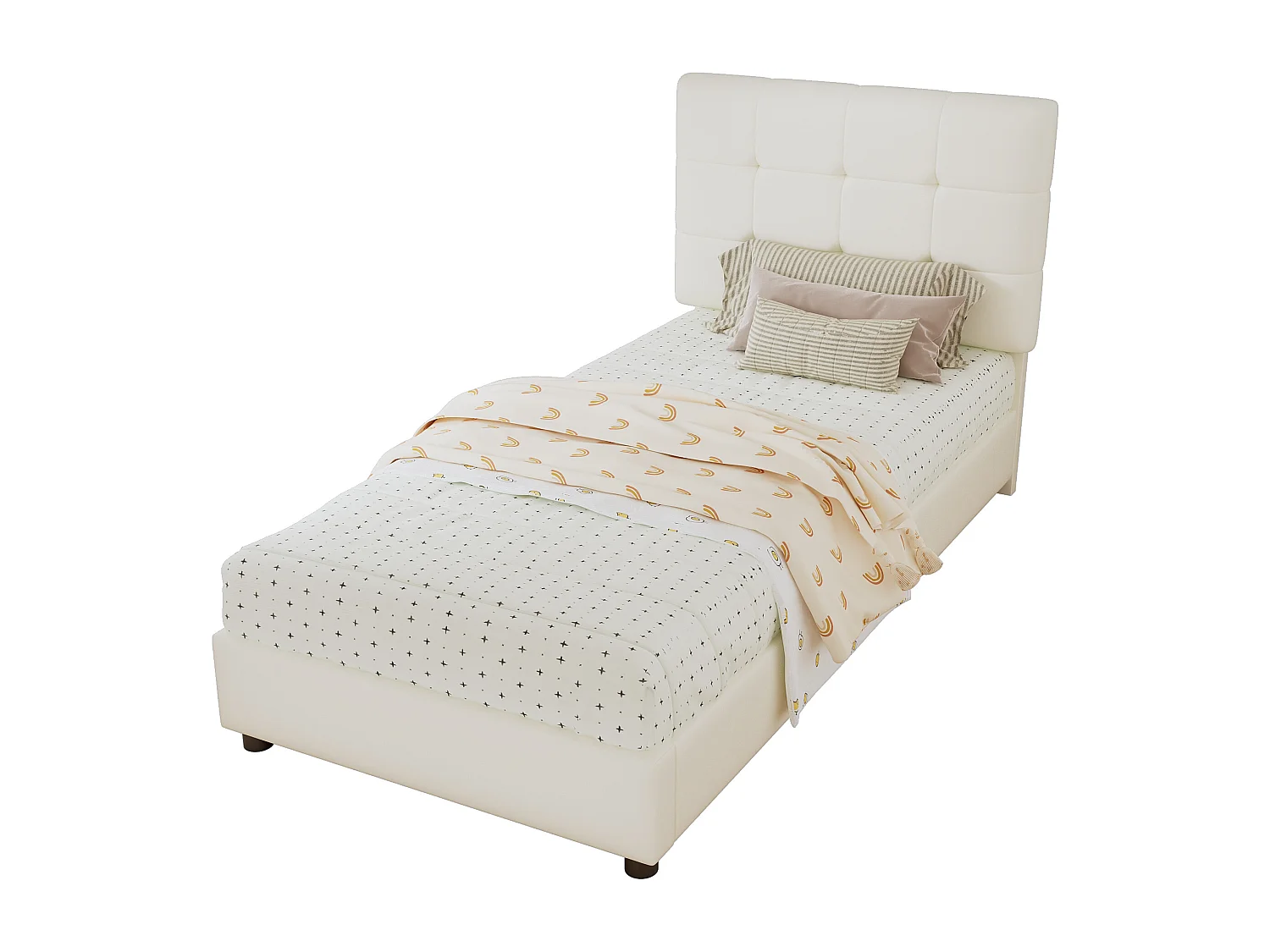 Gepolstertes Kinderbett 90x200 cm - Keksförmiges Kopfteil - mit Lattenrost - PU + Sperrholz - Beige (ohne Matratze)