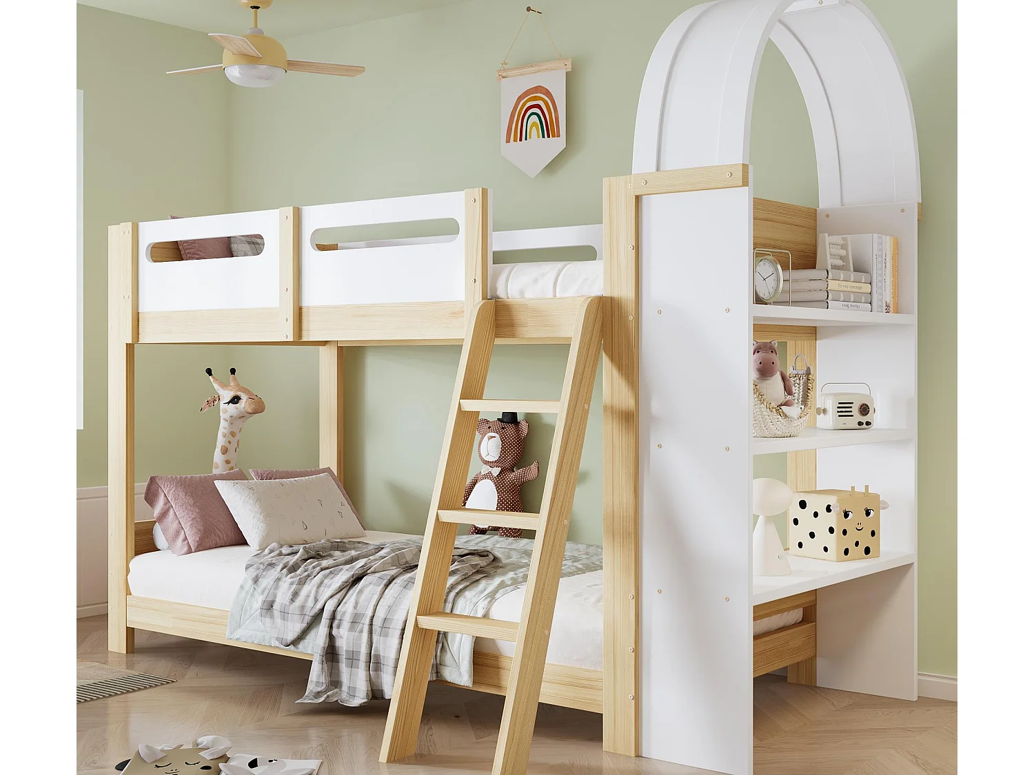 Etagenbett 90x200cm - mit Regalbrettern - mit Geländer und Leiter - Massivholz + MDF - Weiß + Natur (ohne Matratze)