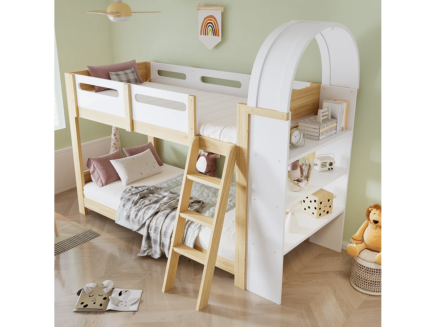 Etagenbett 90x200cm - mit Regalbrettern - mit Geländer und Leiter - Massivholz + MDF - Weiß + Natur (ohne Matratze)