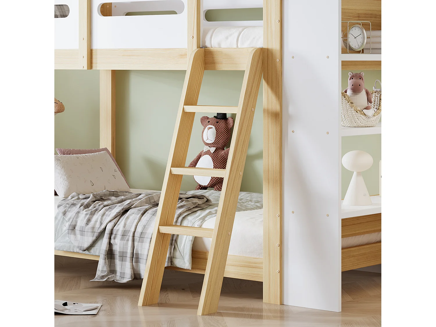 Etagenbett 90x200cm - mit Regalbrettern - mit Geländer und Leiter - Massivholz + MDF - Weiß + Natur (ohne Matratze)